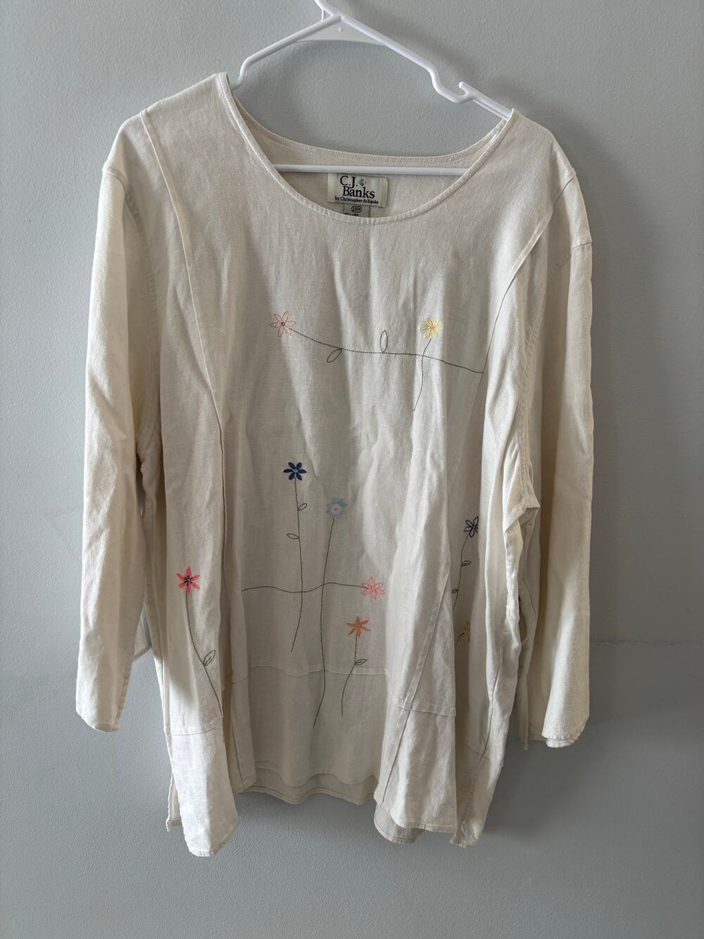 Vintage CJ Banks Womens Embroidered Linen Top 20W Ivory Coastal Beachy Lagenlook